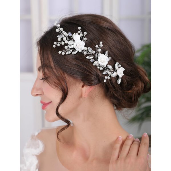 Teyglen 3pcs Flower Bride Wedding Hair Pins Pearl Bridal Hair Pins Clips Silver Leaf Crystal Hair Piece Decorative Hair Accessories White Flower Headpiece for Women Girls
