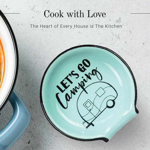 Young's Inc. Spoon Rest for Stove Top and Kitchen Counter - Ceramic Spoon Holder - Durable and Easy-to-Clean - Can Hold Ladles, Spatulas, Tea Bags, and More - Stylish Camping Design - 4.72x4.72x0.6