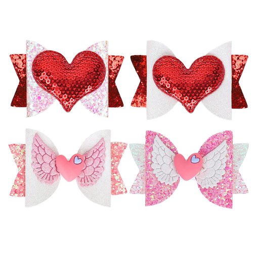 Whaline 4Pcs Valentine's Day Hair Bow Clips Heart Sequins Hairgrips Glitter Red Pink Hair Barrettes Sparkly Alligator Hair Pins for Girls Toddlers Teens Wedding Birthday Party Hair Accessories
