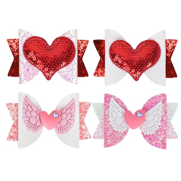 Whaline 4Pcs Valentine's Day Hair Bow Clips Heart Sequins Hairgrips Glitter Red Pink Hair Barrettes Sparkly Alligator Hair Pins for Girls Toddlers Teens Wedding Birthday Party Hair Accessories