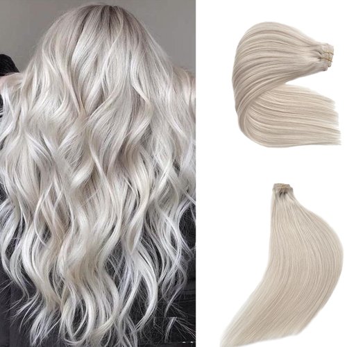 Clip in Hair Extensions Real Human Hair Double Weft Handmade Straight Human Hair Extensions 5pcs 70g 100% Brazilian Virgin Human Hair for Women, White Long Hair Extensions (#ice white,22Inch)