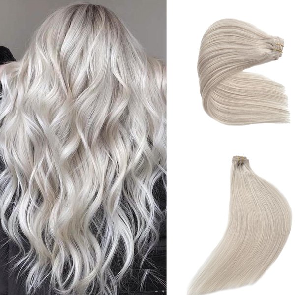 Clip in Hair Extensions Real Human Hair Double Weft Handmade Straight Human Hair Extensions 5pcs 70g 100% Brazilian Virgin Human Hair for Women, White Long Hair Extensions (#ice white,22Inch)