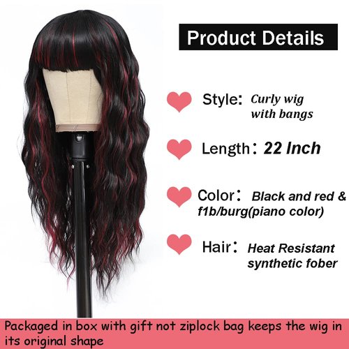 X-TRESS 22Inch Highlight red Wavy Wigs with Bangs Synthetic Natural Curly Bang Piano red Wigs Synthetic Wavy Heat Resistant Fiber Coloured Wigs with Bang for Black Women（F1B/BURG）