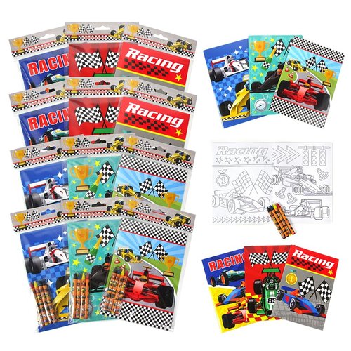 TINYMILLS Race Car Coloring Book Set with 12 Coloring Books and 48 Crayons Race Car Birthday Party Supplies Favor Bag Filler Carnival Prizes Rewards Classroom Party