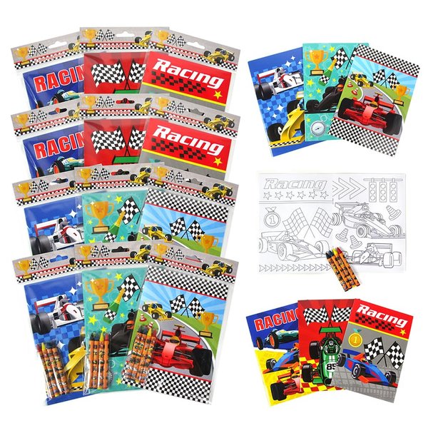 TINYMILLS Race Car Coloring Book Set with 12 Coloring Books and 48 Crayons Race Car Birthday Party Supplies Favor Bag Filler Carnival Prizes Rewards Classroom Party