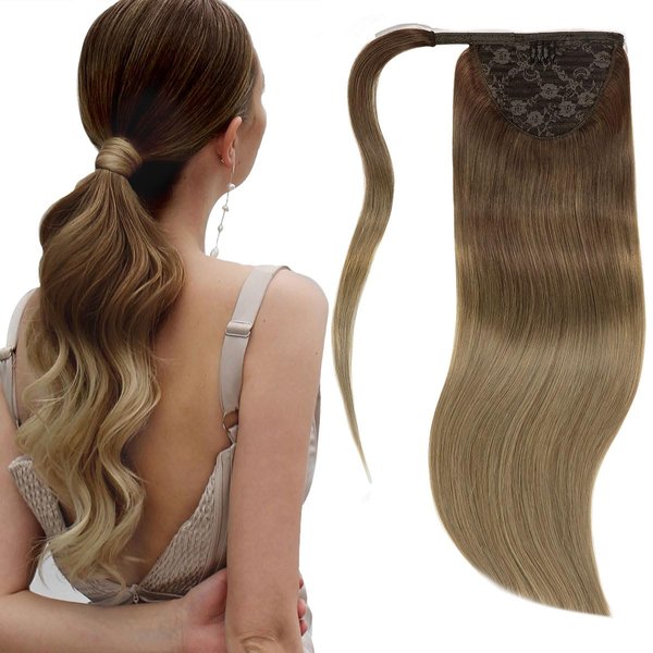Lacerhair Human Hair Ponytail Hair Piece Balayage Dark Brown to Light BrownRemy Human Hair Wrap Around Ponytail Hair Extensions with Magic Paste 14 Inch 70g