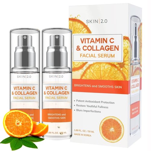 Vitamin C Serum With Collagen - Dermatologist Tested Korean Skin Care for Dark Spots & Skin Brightening - Anti Aging & Acne Facial Serum - Cruelty Free - For All Skin Types - 1.69oz (2pk) by Skin 2.0