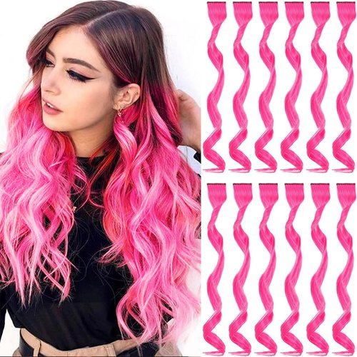 GPOVVIMX 12 PCS Hot Pink Hair Extensions Clip in, Curly Wavy Colored Extension for Kids Girls - Party Highlights Synthetic Hairpiece 17 inch
