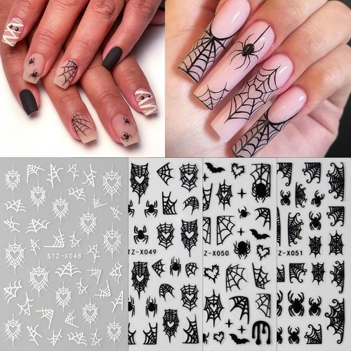 Spider Nail Stickers for Nail Art 8 Sheets Halloween Nail Art Stickers 3D Self-Adhesive Black White Spider Web Design Halloween Nail Charms Goth Nail Art Decorations for Women DIY Salon Nail Supplies