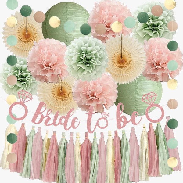Sage Green and Blush Pink Bridal Shower Decorations Boho Bride to Be Decorations Sage Green and Pink Bachelorette Party Decorations Beige Fans Dusty Rose Tissue Pom Poms with Cream Tassel Garland
