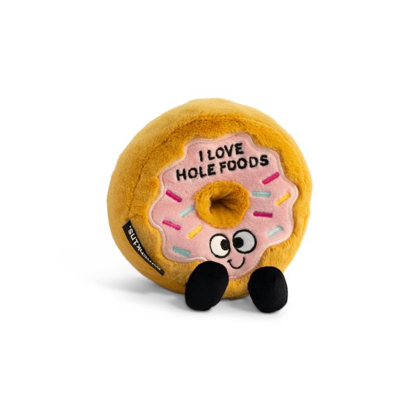 I Love Hole Foods Pink Donut Meme Plushie - Funny Pun Meme Gag Gift, Stocking Stuffer Present, Great for Emotional Support, Fun Desk Accessory, Kids, Teens, Adults