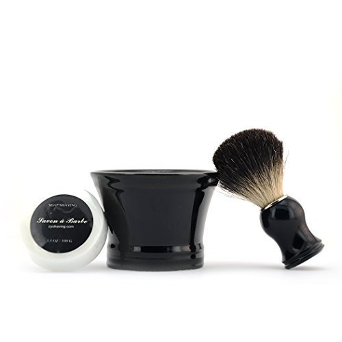 Ceramic Shaving Soap Bowl Kit for Men, Pure Badger Shaving Brush, Shaving Cream Soap, Wide Mouth, Ceramic Black Shaving Soap Bowl/Mug with Knob Handle…