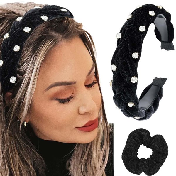 Sinalty Black Wide Headbands Padded Hair Band Crystal Rhinestone Hairbands with Velvet Hair Ties Vintage Pearl Hair Hoop Party Headpieces for Women (Gorgeous)