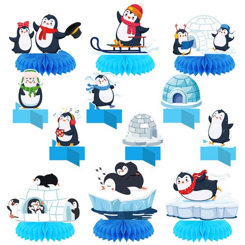 MiniInflat 12 Pcs Arctic Animals Honeycomb Centerpieces Penguin Birthday Pary Decorations Winter Polar Bear Penguin Table Topper for Baby Baptism Birthday Party Decorations(Penguin)