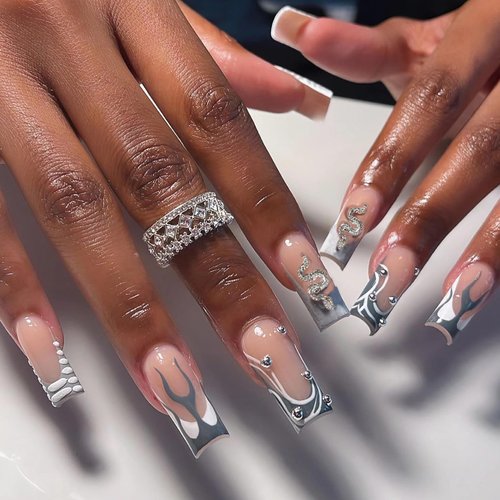 BABALAL Square Press on Nails Long Fake Nails Gray French Tip Glue on Nails 3d Snake Charm Metallic Design Goth Acrylic Nails 24Pcs Manicure False Nails