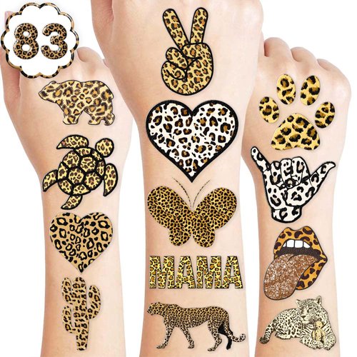 83 PCS Cheetah Print Tattoo Temporary Tattoos Party Favors Decor Leopard Cheetah Birthday Party Supplies Decorations Favors Cute Animal Tattoo Stickers Gift for Kids School Prizes