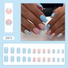24Pcs French Tip Press on Nails Short Short Fake Nails Blue Glitter Sequins with Rhinestones Exquisite Design Full Cover Artificial Glue on Nails Rhinestones False Nails for Women Girls Acrylic Nails
