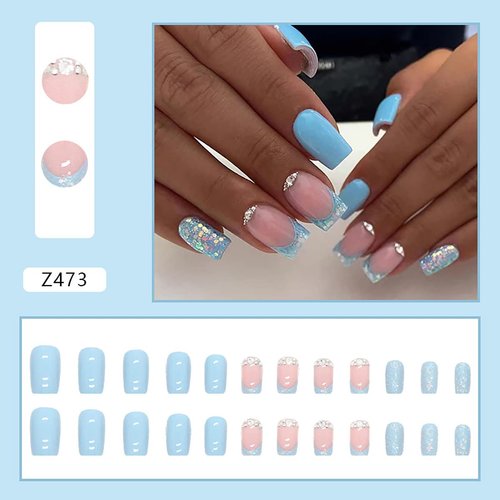 24Pcs French Tip Press on Nails Short Short Fake Nails Blue Glitter Sequins with Rhinestones Exquisite Design Full Cover Artificial Glue on Nails Rhinestones False Nails for Women Girls Acrylic Nails