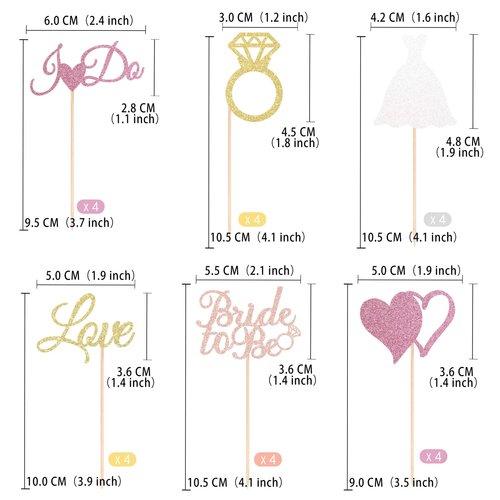 Gexolenu 24 Pcs Bride To Be Cupcake Toppers Glitter Double-Sided I Do Gold Love Pink Heart Diamond Ring Cupcake Picks Decorations For Bridal Shower Wedding Engagement Party Supplies