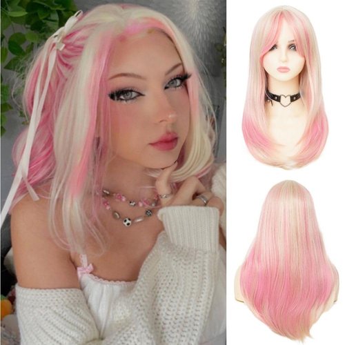 Dai Cloud Blonde and Pink Blonde Straight Long Wigs for Women Middle Part Heat Resistant Fiber Hair Wig for Cosplay Halloween Use