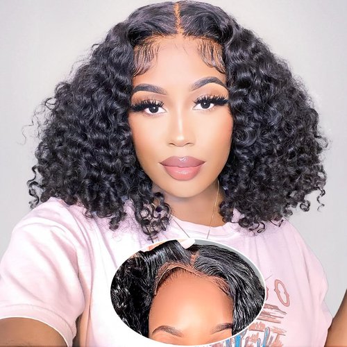 Xinjiju Ready to Go Glueless Wig Short Curly Bob Wigs for Black Women Glueless Human Hair 6x4 Glueless Bob Wig Pre Plucked Pre Cut Natural Hairline Water Wave Lace Front Wigs 200% Density 12 Inch