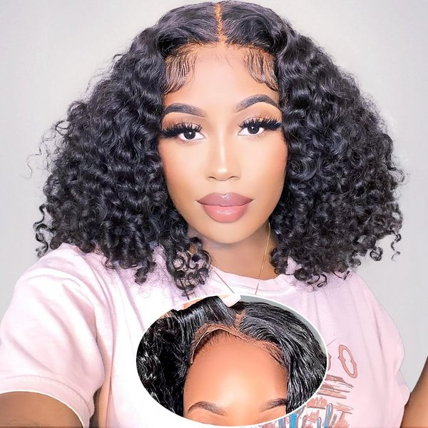 Xinjiju Ready to Go Glueless Wig Short Curly Bob Wigs for Black Women Glueless Human Hair 6x4 Glueless Bob Wig Pre Plucked Pre Cut Natural Hairline Water Wave Lace Front Wigs 200% Density 12 Inch