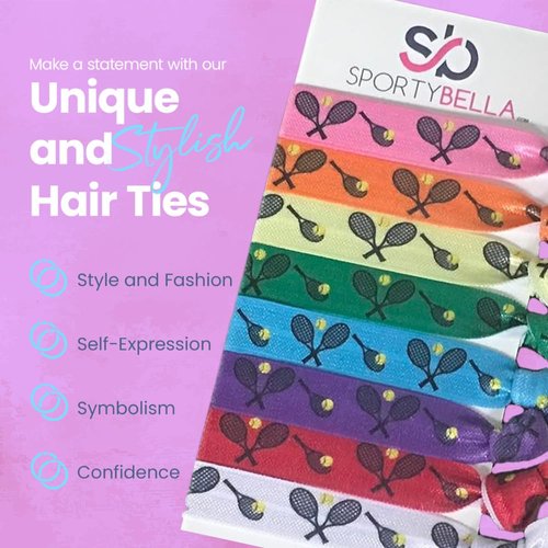 Tennis Hair Ties, Multi-Colored Hair Accessories for Girls, No Crease Hair Elastics, Girl Hair Accessories with Tennis Racket Design, Ponytails Hair Tie for Tennis Players (8 pcs) - by SPORTYBELLA