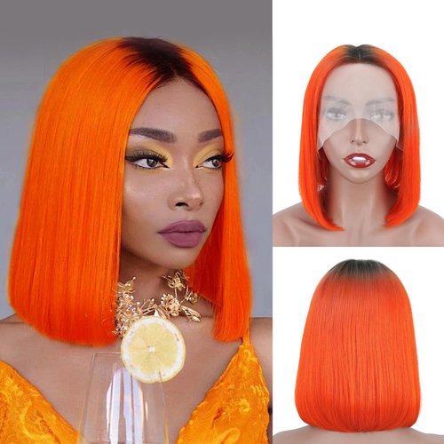 Evala Bob Wig Human Hair Orange Bob Wig Lace Frontal 12 inch Middle Part Short Straight Bob Wig 13x4 Frontal Lace Wig Ombre #T1B/Orange Bob Wigs 150% Density Party Cosplay Orange Bob Wigs for Women