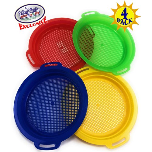 Matty's Toy Stop Sand Sifter Sieves for Sand & Beach (Red, Blue, Yellow & Green) Complete Gift Set Bundle - 4 Pack (8.75'' x 9.75")