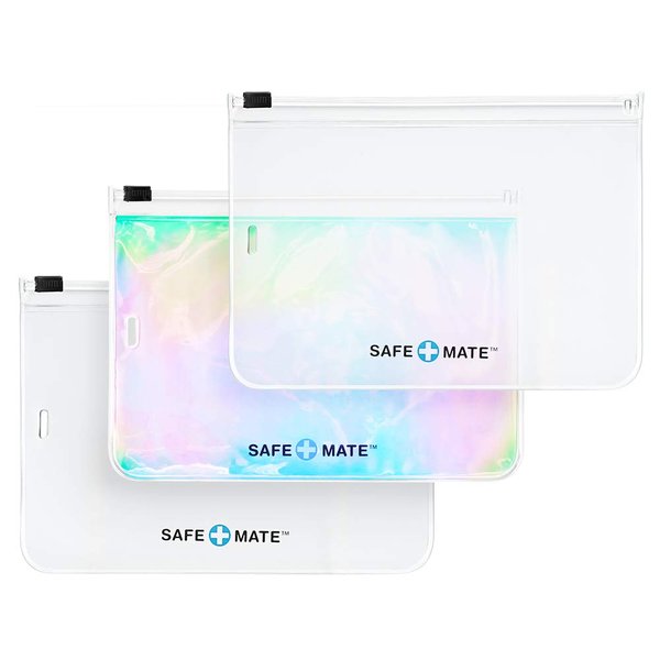 Safe+Mate - Face Mask Storage Bags - (3) Reusable - Carrying Pouch - Fits Most Cloth Face Masks - 3 Pack - 2 Frosted/1 Holographic