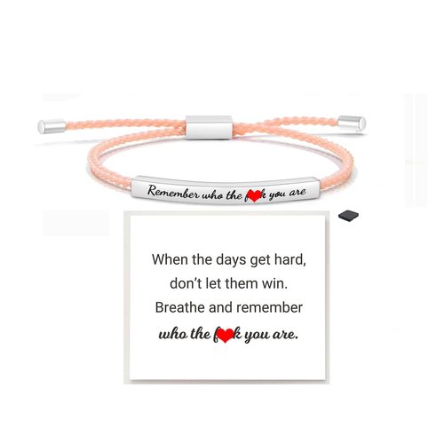 LIU JUN Remember Who The F You Are Motivational Tube Bracelet For Women, Adjustable Hand Bradied Wrap Stainless Steel Inspirational Gifts Jewelry(Remember Who You Are Style 2 Silver+Pink)