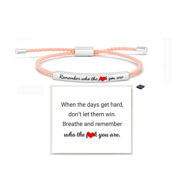 LIU JUN Remember Who The F You Are Motivational Tube Bracelet For Women, Adjustable Hand Bradied Wrap Stainless Steel Inspirational Gifts Jewelry(Remember Who You Are Style 2 Silver+Pink)