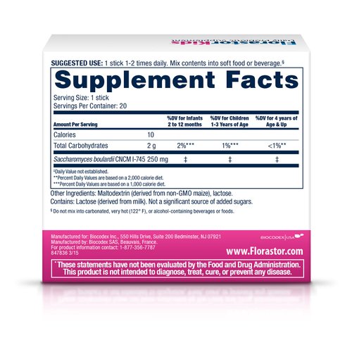 Florastor Kids Daily Probiotic Supplement, Unflavored Powder Mixes with Food or Beverage, Use with Antibiotics, Saccharomyces Boulardii CNCM I-745 (20 Sachets), Pack of 2