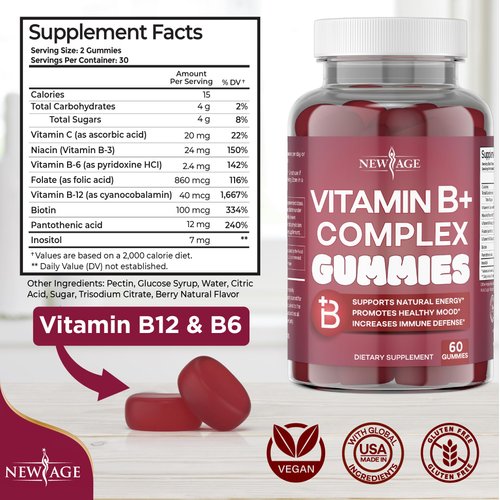 NEW AGE Vitamin B Complex Gummies with Vitamin B3, B5, B6, B7, B9 & B12 – with Biotin, Folic Acid & Vitamin C – Gluten-Free, Vegan, Made in The USA! (120 Count (Pack of 2))