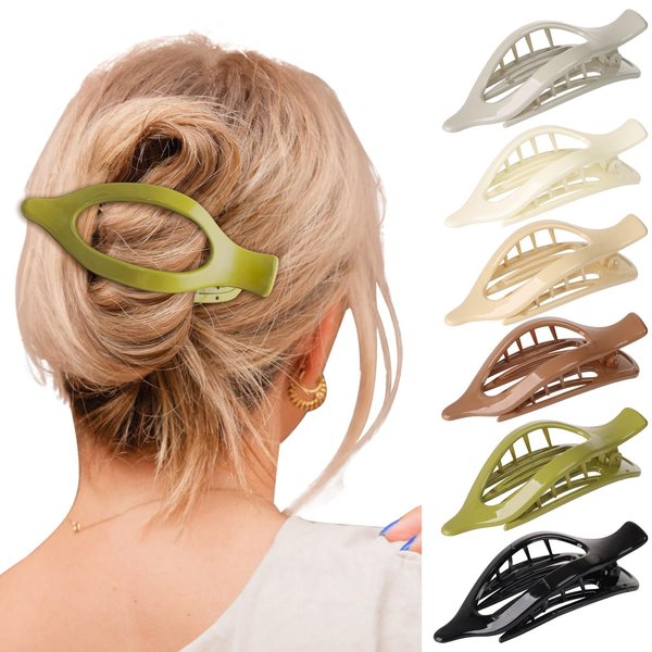 Flat Hair Claw Clips for Women - 6 Pcs French Concord Flat Hair Clips Strong Hold 4.7" Duck Billed Clips for Thick Thin Hair (Polish(Black/White/Grey/Coffee/Khaki/olive green))