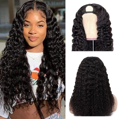 U Part Wigs Human Hair Wigs for Black Women Deep Wave Human Hair 180% Density Brazilian Hair Full Head Clip in Half Wig V Part Glueless wigs Human Hair Pre Plucked U Shape Wigs Natural Color(22 inch)