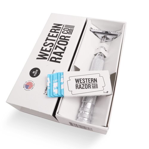 Western Razor Premium Safety Razor, MADE IN USA, with 5 Refill Blades, Chrome
