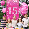Pink 15th Birthday Decorations for Girls Boys Pink Happy 15th Birthday Door Cover Banner & 18Pcs Happy 15th Birthday Balloons Decorations for Hot Pink 15th Birthday Anniversary Party Supplies