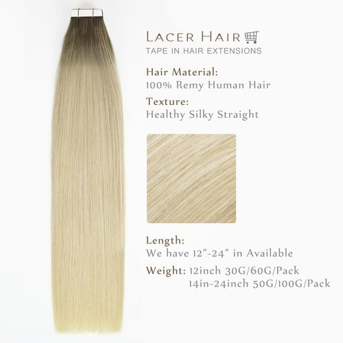 Lacerhair Natural Hair Remy Tape in Human Hair Extensions Dip Dyed #8G/60A Light Ash Brown to Light Platinum Blond Seamless PU Skin Weft 100% Real Virgin Invisible Hair Double Side 50g 20pcs 16 inch