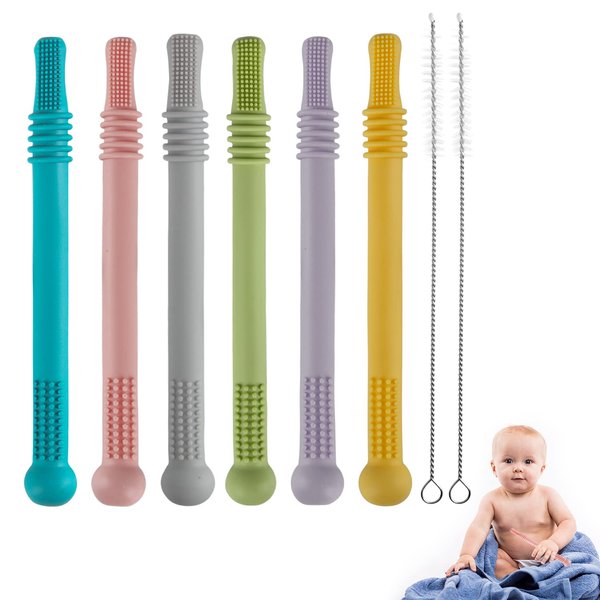 Yinghezu Hollow Teether Tubes, 6 Pack Chew Straw Toy for Infant Toddlers Silicone Teething Toys for Babies, 0-6 Months 6-12 Months BPA Free/Freezable/Dishwasher and Refrigerator Safe