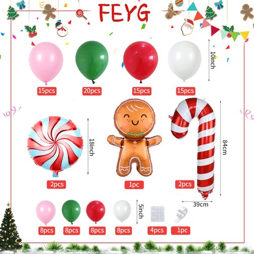 Christmas Balloon Garland Kit, Gingerbread Man Balloon Garland Arch Kit with Green Pink Red Balloon Gingerbread Man Candy Cane Foil balloon for Christmas Party Decorations New Year Xmas Party Supplies