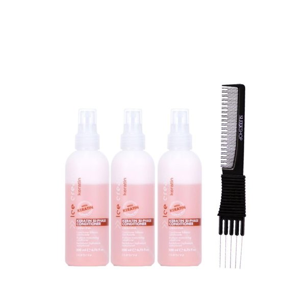 kuss Inebrya Ice Cream Keratin Bi-Phase Conditioner (6.76 oz) with Teasing Comb Pack of 3, Pink