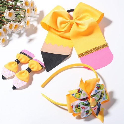 FULANSI Back to School Bow Hair Clips Yellow Pencil Headband Cute Bows Hair Accessories Big Bow Hair Scrunchies Cheer Hair Barrettes for First Day of School Girl Students Teachers Outfits Decor 4PCS