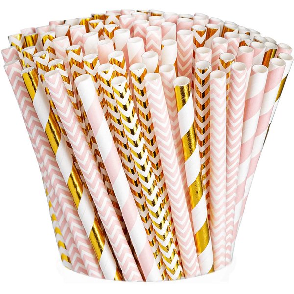Comfy Package [200 Pack] Pink & Gold Paper Straws Disposable, 100% Biodegradable Multi-Pattern Party Straws For Birthday, Wedding and Holiday Decoration