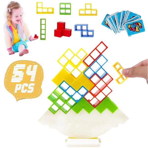64pcs Tower Game Balance Stacking Blocks, Tower Balancing Stacking Board Games Building Blocks Puzzle Toy, Family Games Birthday for Kids Adults