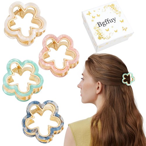 Bgffuy Medium Metal Hair Claw Clips for Women Small Flower Hair Clips for Thick Hair and Thin Hair 4Pcs (4 colors)
