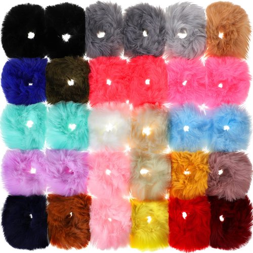 30 Pieces Faux Fur Hair Scrunchies Pompom Ball Elastic Hair Band Fluffy Ponytail Holders Pom Hair Ties for Women Hair Accessories, 21 Colors