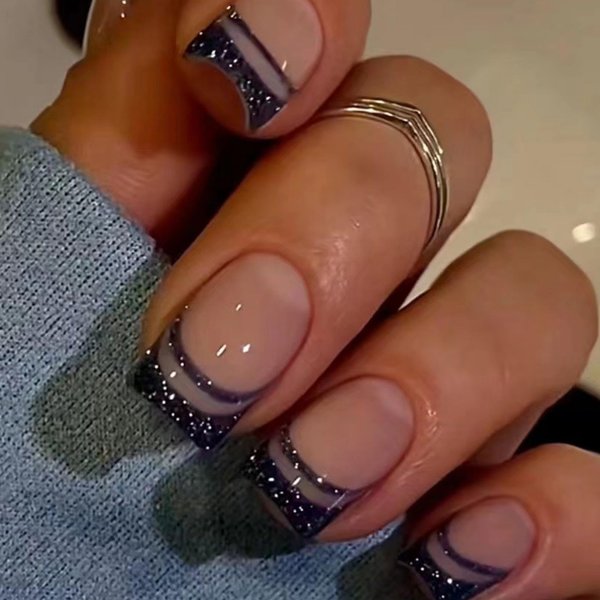Black French Tip Press on Nails Short Square Fake Nails with Design Black Line False Nails Glitter Glue on Nails Glossy Artificial Acrylic Nail Full Cover Nude Stick on Nails for Women Manicure 24pcs