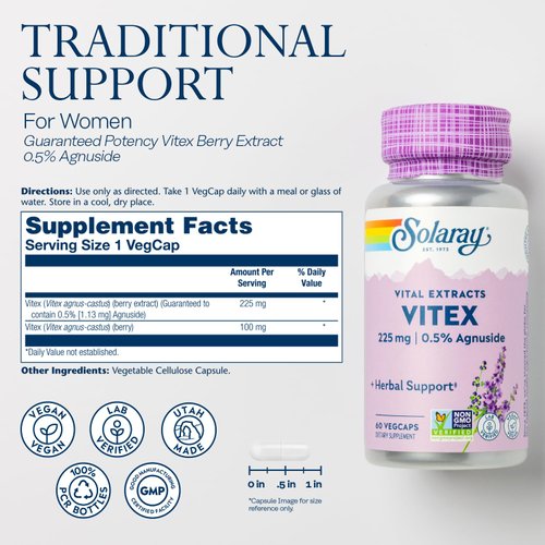 SOLARAY Vitex Berry Extract 225 mg - Chasteberry Supplement for Women - Traditional Hormone Balance Support - Chaste Tree Berry - Vegan, Lab Verified - 60 Servings, 60 VegCaps