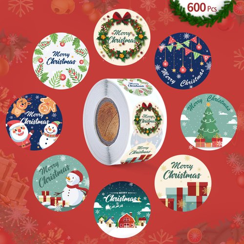 BANPUBASE 600PCS Christmas Envelope Stickers, 1.5" Round Merry Christmas Stickers, 8 Winter Christmas Designs Decorative Envelope Seal Stickers, Card Gift Envelope Boxes